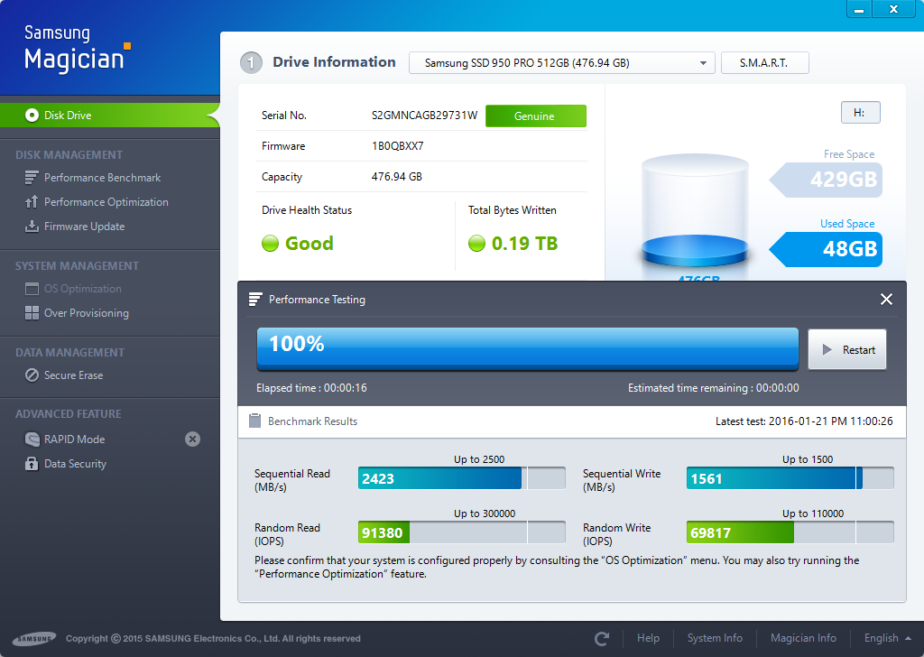 Samsung 512GB M.2 NVMe SSD on ASUS Maximus-V-Gene-ROG + PCIe X 4 Adapter on PCI Express V3.0 slot Samsung Magician Benchmark 2