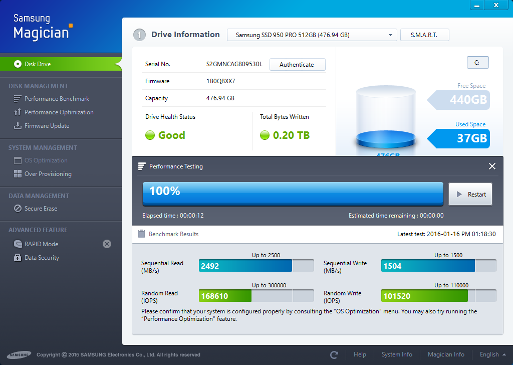 Samsung 950 NVMe M.2 SSD 512GB on ASRock Fatal1ty Z170 Gaming-ITXac Motherboard M.2 Slot Samsung Magican Performance Testing